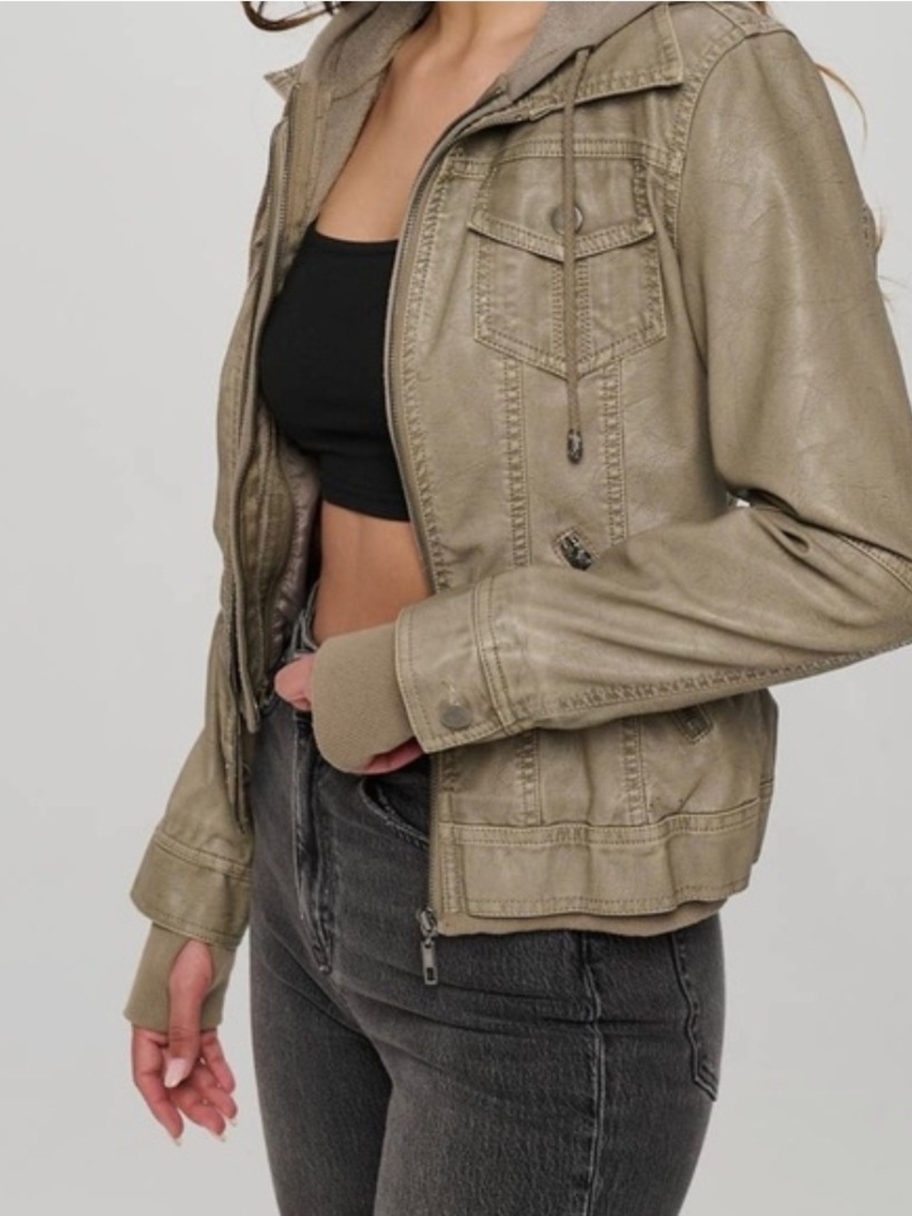 Layered Utility Hooded Jacket Vegan Leathee In Olive/Tan Small